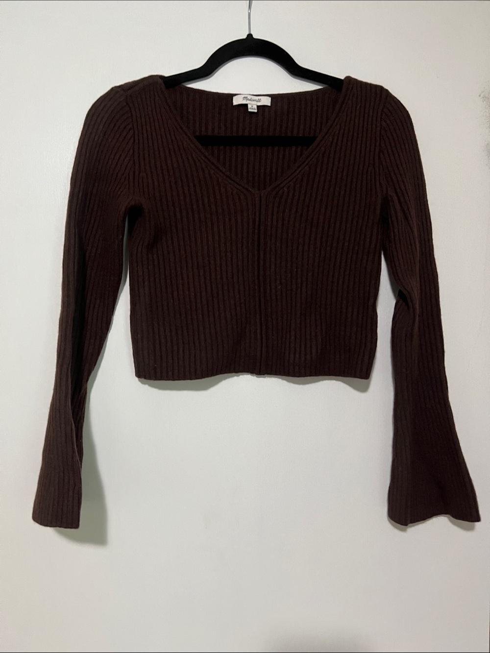 Madewell Chocolate Brown Ribbed V-Neck Cropped Sweater. 100% Merino Wool